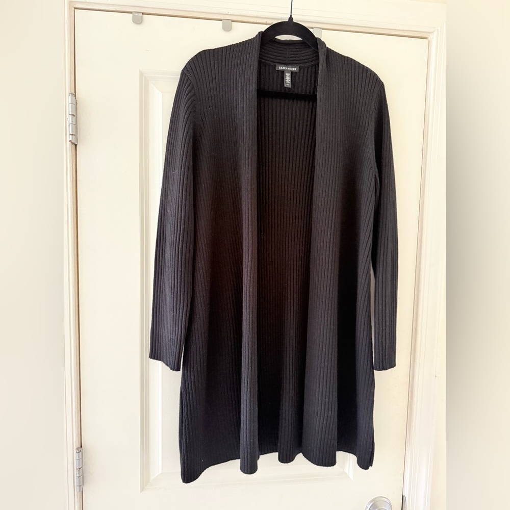 Eileen Fisher Open Cardigan Sweater M Black Wool Ribbed Knit Long‎ Sleeve Tunic